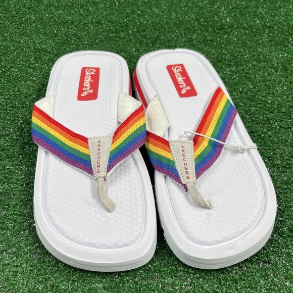 Skechers Cali Y2K Rainbow White Thong Flip Flop‎ Platform Sandal Womens 7.5 - Picture 1 of 11